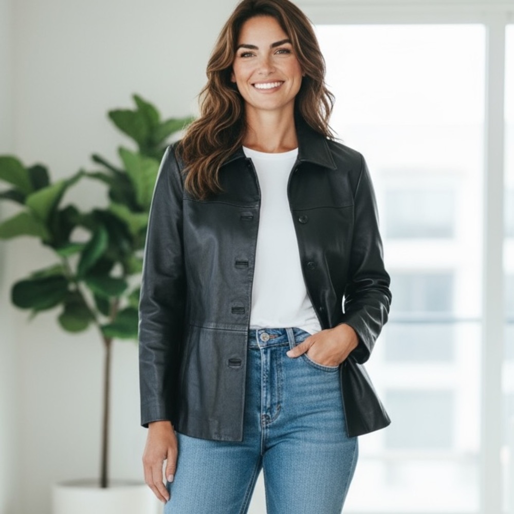 Women's Black Leather Button-Front Jacket